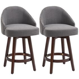 HOMCOM 26" Counter Height Bar Stools, Linen Fabric Kitchen Stools with Nailhead Trim, Rubber Wood Legs and Footrest for Dining Room, Counter, Pub
