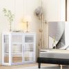 Retro Style Haze Double Glass Door Wall Cabinet With Detachable Shelves for Office, Dining Room,Living Room, Kitchen and Bathroom White Color