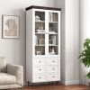 White MDF Display Storage Cabinet,Tall Kitchen Pantry Cabinets with Glass Doors and Adjustable Shelves,Freestanding Storage Cupboard for Kitchen