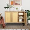 47.24 '' Wide Elegant Kitchen Buffet Storage Cabinet with 3 Rattan Doors for Bedroom Living Room Kitchen Cupboard Wooden Furniture with 3-Tier Shelvin