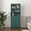 Tall Storage Show Cabinet with 2 Glass Display Door & 2 Doors, Tall Kitchen Pantry Cabinet with Gold Handles, Modern Cabinet Freestanding for Bathroom