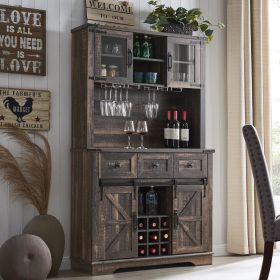 OKD 72" Farmhosue Bar Cabinet with Sliding Barn Door, Large Kitchen Buffet with Hutch w/Wine & Glasses Rack, 3 Drawers, 12 (Color: Dark Rustic Oak)