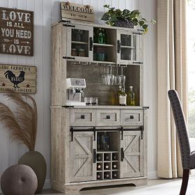 OKD 72" Farmhosue Bar Cabinet with Sliding Barn Door, Large Kitchen Buffet with Hutch w/Wine & Glasses Rack, 3 Drawers, 12 (Color: Light Rustic Oak)