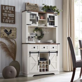 OKD 72" Farmhosue Bar Cabinet with Sliding Barn Door, Large Kitchen Buffet with Hutch w/Wine & Glasses Rack, 3 Drawers, 12 (Color: Antique White)