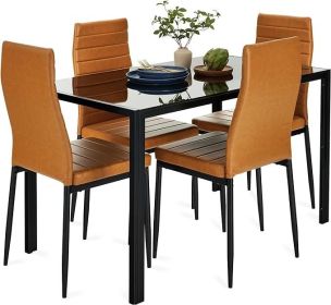 Best Choice Products 5-Piece Glass Dining Set, Modern Kitchen Table Furniture for Dining Room, Dinette, Compact Space-Saving (Color: CamelBlack5-Pieceset)