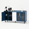 Modern Kitchen Pantry Storage Cabinet , 55" Coffee Bar Storage Cabinet with 2 Drawers, 2 Open Storage Compartment & 2 Glass Doors
