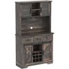 OKD 72" Farmhosue Bar Cabinet with Sliding Barn Door, Large Kitchen Buffet with Hutch w/Wine & Glasses Rack, 3 Drawers, 12