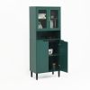 Tall Storage Show Cabinet with 2 Glass Display Door & 2 Doors, Tall Kitchen Pantry Cabinet with Gold Handles, Modern Cabinet Freestanding for Bathroom