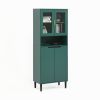 Tall Storage Show Cabinet with 2 Glass Display Door & 2 Doors, Tall Kitchen Pantry Cabinet with Gold Handles, Modern Cabinet Freestanding for Bathroom