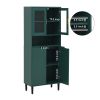 Tall Storage Show Cabinet with 2 Glass Display Door & 2 Doors, Tall Kitchen Pantry Cabinet with Gold Handles, Modern Cabinet Freestanding for Bathroom